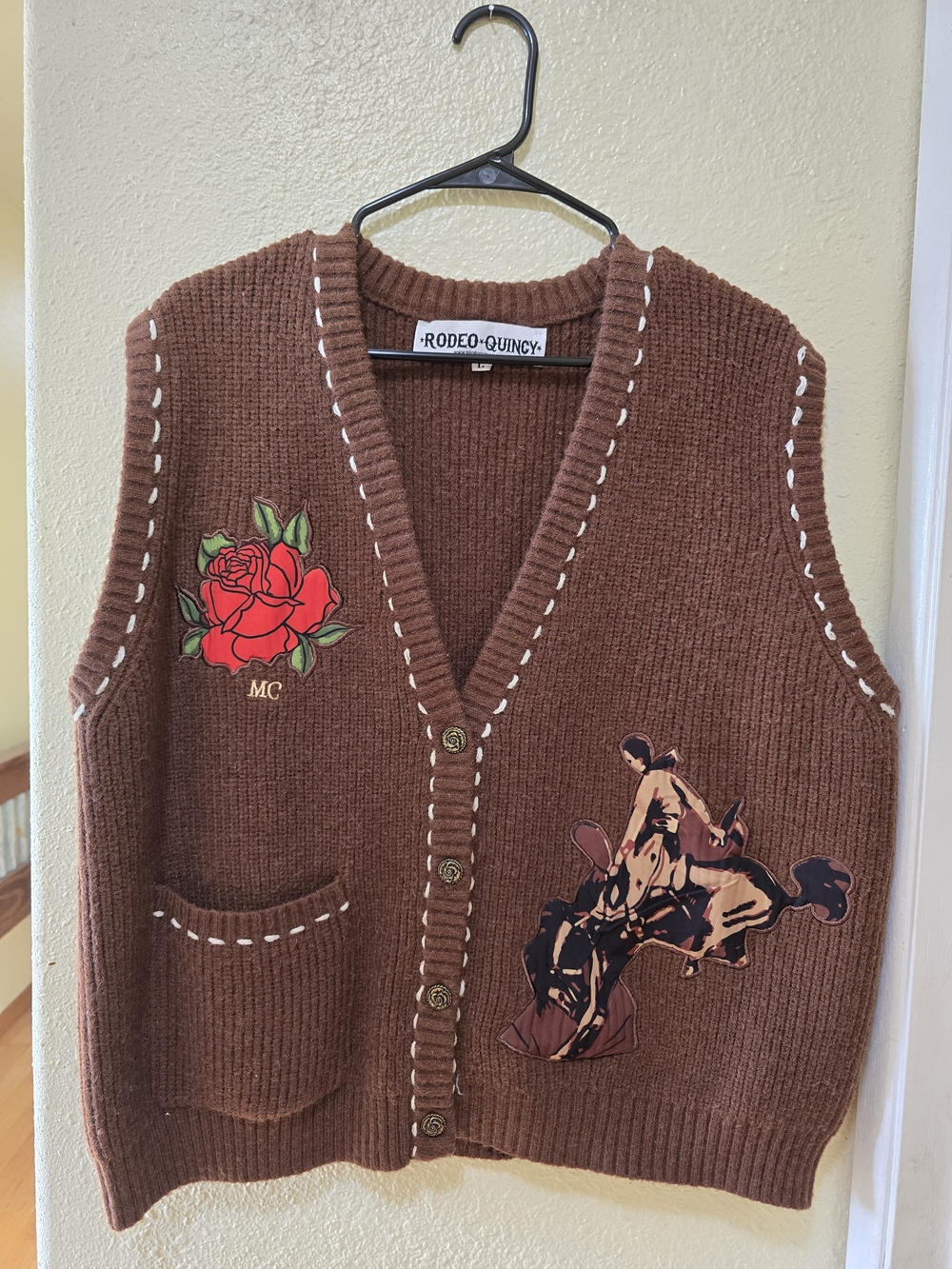 Rodeo Quincy Women’s Brown Embroidered Wool-Blend Sweater Vest